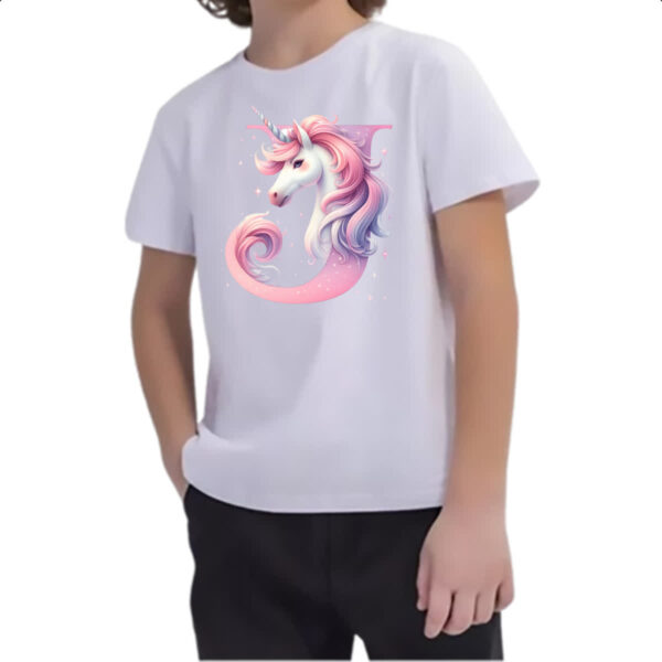 Camiseta Infanto Juvenil Unicornio Alfabeto Letra J - Imagem 2