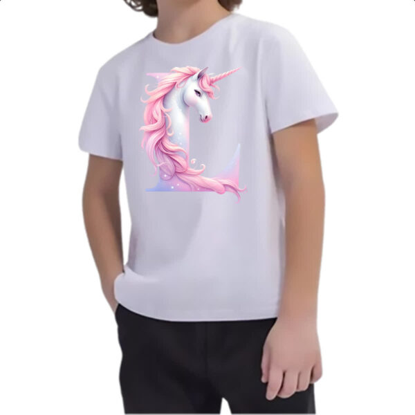 Camiseta Infanto Juvenil Unicornio Alfabeto Letra L - Imagem 2