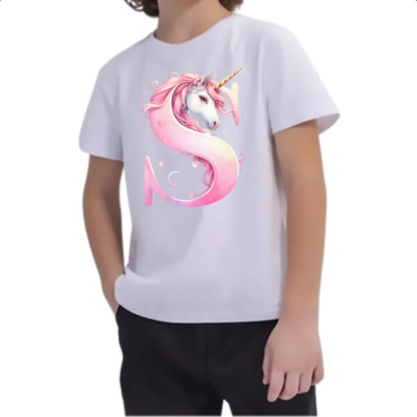 Camiseta Infanto Juvenil Unicornio Alfabeto Letra S - Imagem 2