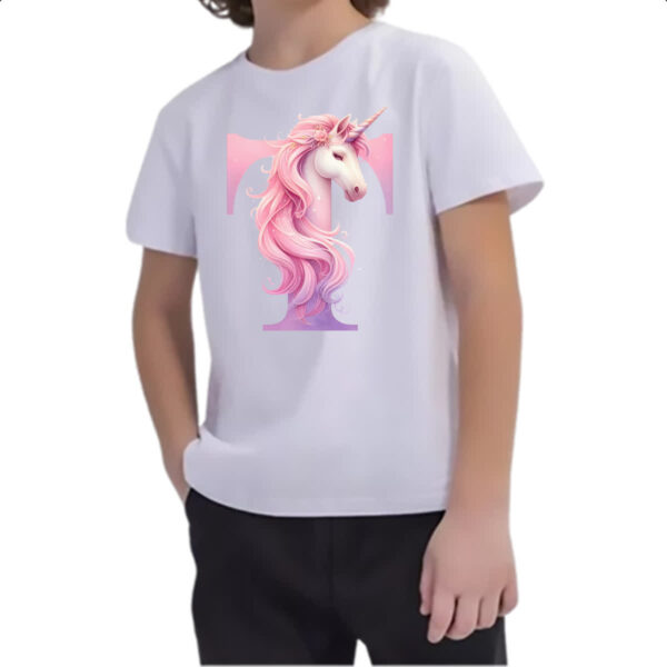 Camiseta Infanto Juvenil Unicornio Alfabeto Letra T - Imagem 2