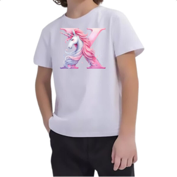 Camiseta Infanto Juvenil Unicornio Alfabeto Letra X - Imagem 2