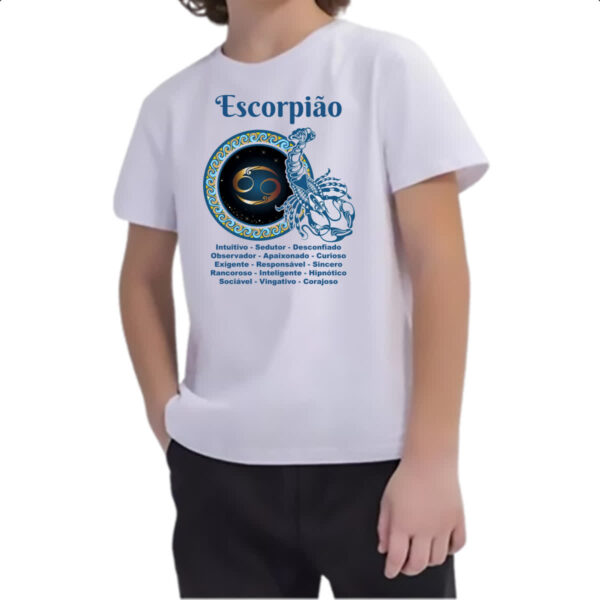 Camiseta Infanto Juvenil Signo de Escorpiao adjetivos - Imagem 2