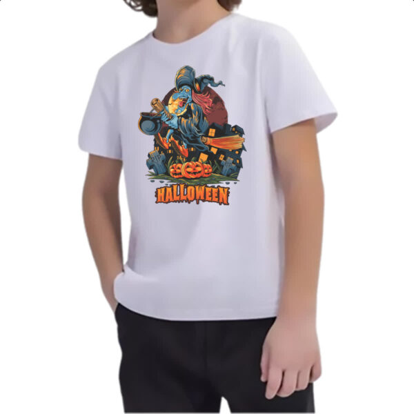 Camiseta Infanto Juvenil Halloween Bruxa voando vassoura - Imagem 2
