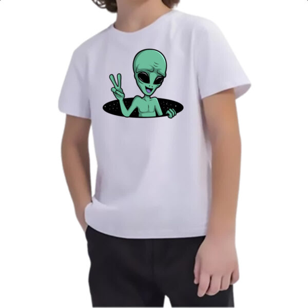 Camiseta Infanto Juvenil Alien Paz e amor buraco negro - Imagem 2