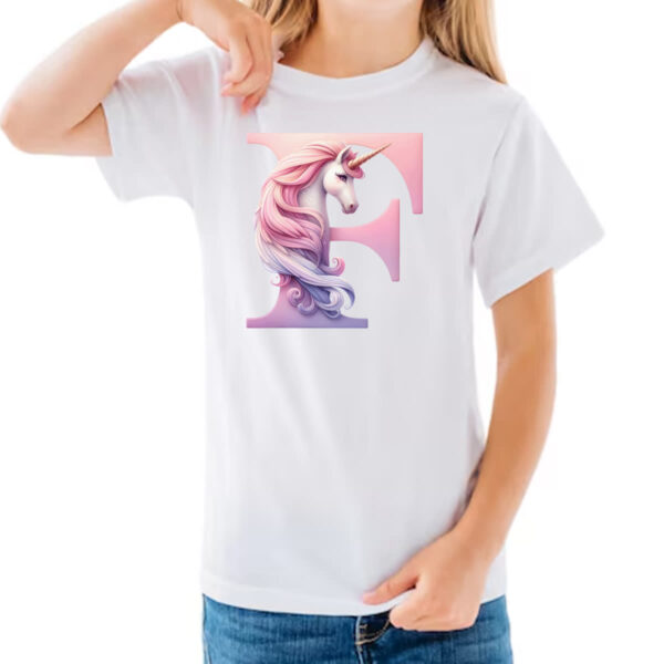 Camiseta Infanto Juvenil Unicornio Alfabeto Letra F - Imagem 3