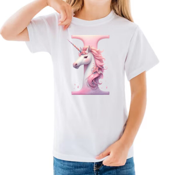 Camiseta Infanto Juvenil Unicornio Alfabeto Letra I - Imagem 3