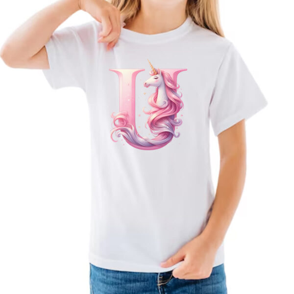 Camiseta Infanto Juvenil Unicornio Alfabeto Letra U - Imagem 3