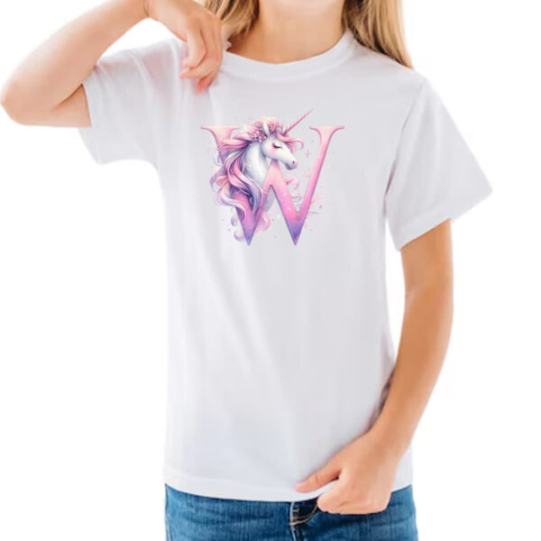 Camiseta Infanto Juvenil Unicornio Alfabeto Letra W - Imagem 3
