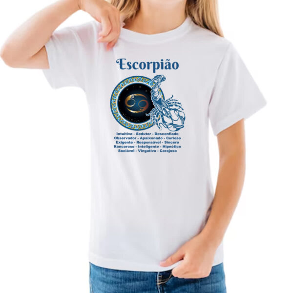Camiseta Infanto Juvenil Signo de Escorpiao adjetivos - Imagem 3