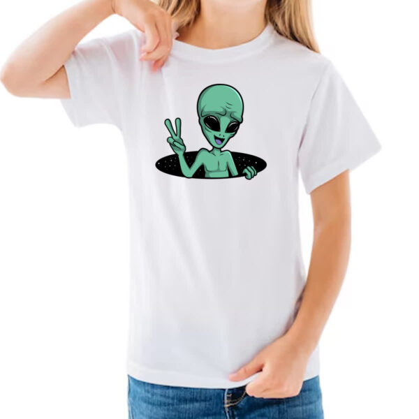 Camiseta Infanto Juvenil Alien Paz e amor buraco negro - Imagem 3
