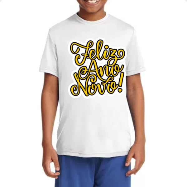 Camiseta Infanto Juvenil Feliz ano novo escrita dourada - Imagem 4