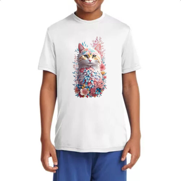 Camiseta Infanto Juvenil Gato branco com flores - Imagem 4