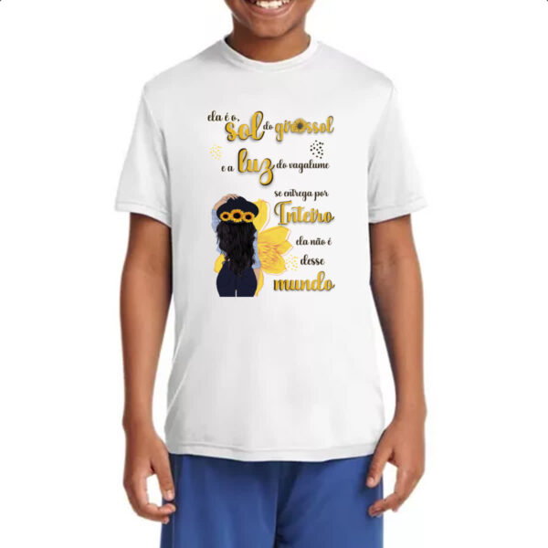 Camiseta Infanto Juvenil Mulher e o girassol e a luz - Imagem 4