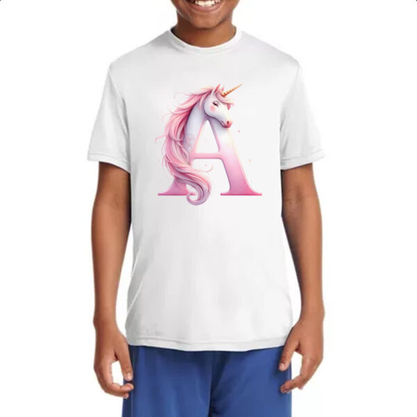 Camiseta Infanto Juvenil Unicornio Alfabeto Letra A - Imagem 4