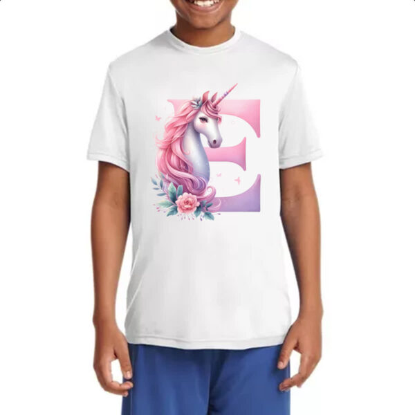 Camiseta Infanto Juvenil Unicornio Alfabeto Letra E - Imagem 4