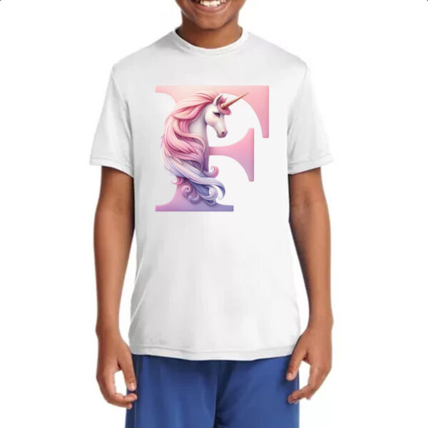 Camiseta Infanto Juvenil Unicornio Alfabeto Letra F - Imagem 4