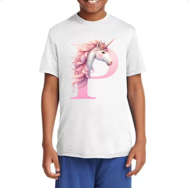 Camiseta Infanto Juvenil Unicornio Alfabeto Letra P - Imagem 4