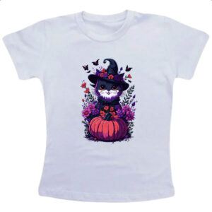 Camiseta Infanto Juvenil Gatinha Bruxa com abobora