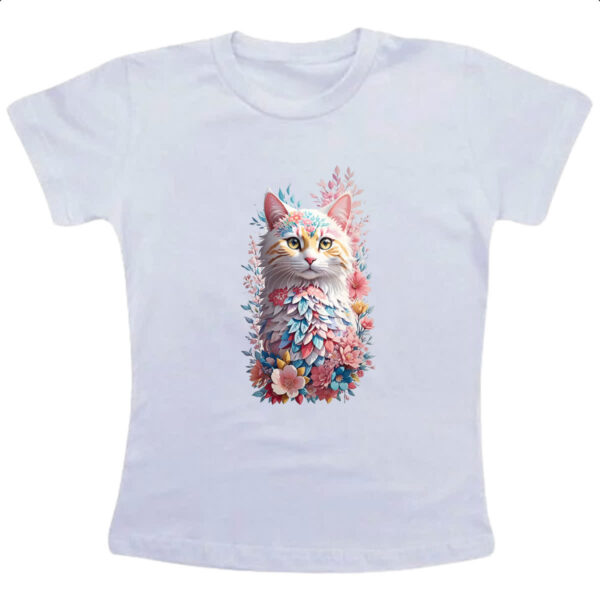 Camiseta Infanto Juvenil Gato branco com flores