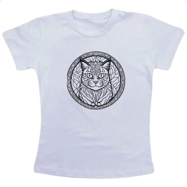 Camiseta Infanto Juvenil Gato Mandala Linear Arte