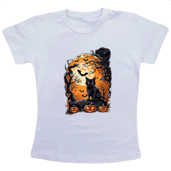 Camiseta Infanto Juvenil Gato Preto Halloween Lua Cheia