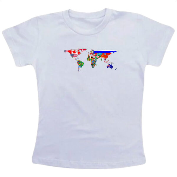 Camiseta Infanto Juvenil Mapa Mundi Bandeiras