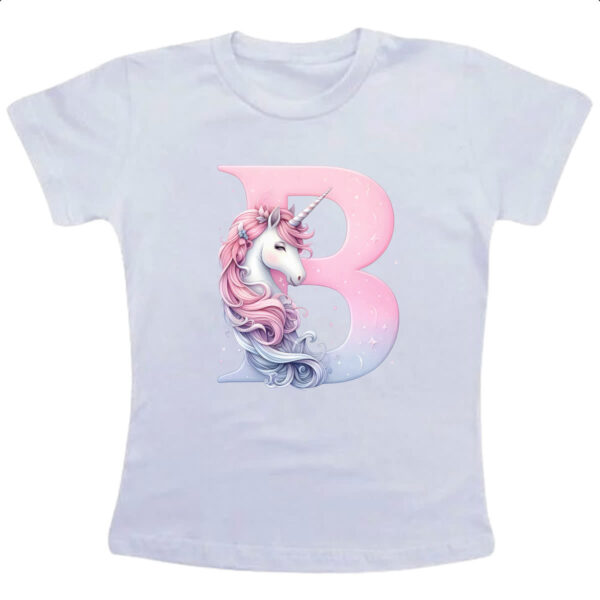 Camiseta Infanto Juvenil Unicornio Alfabeto Letra B