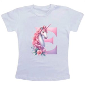 Camiseta Infanto Juvenil Unicornio Alfabeto Letra E