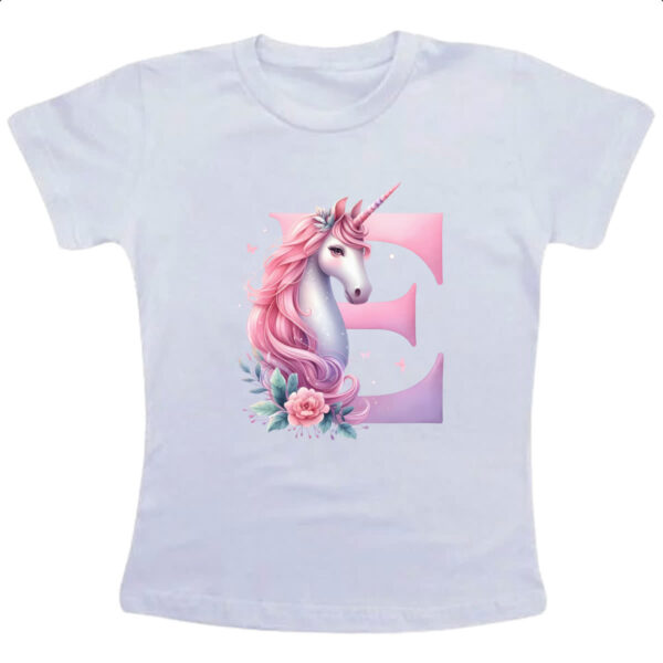 Camiseta Infanto Juvenil Unicornio Alfabeto Letra E