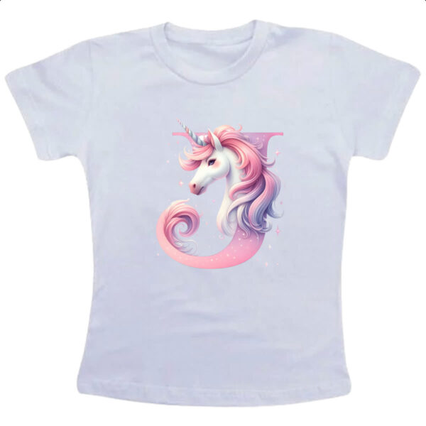 Camiseta Infanto Juvenil Unicornio Alfabeto Letra J
