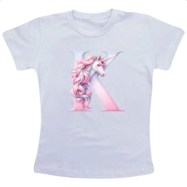 Camiseta Infanto Juvenil Unicornio Alfabeto Letra K