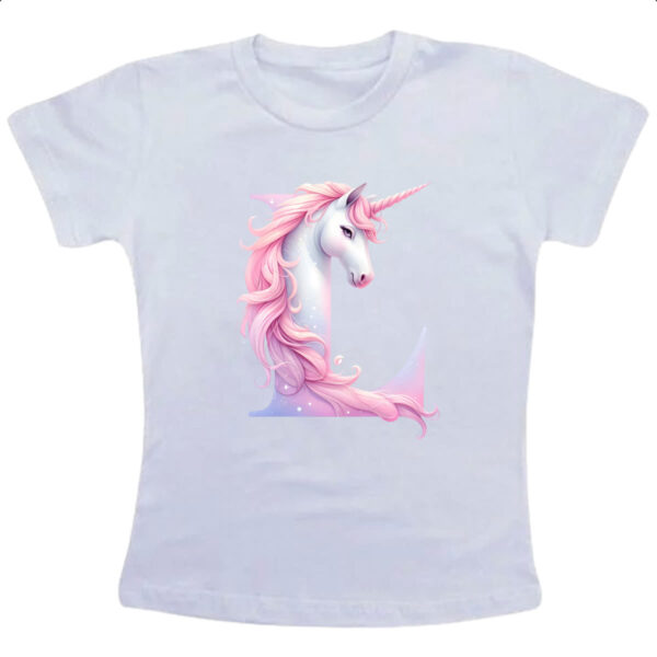 Camiseta Infanto Juvenil Unicornio Alfabeto Letra L