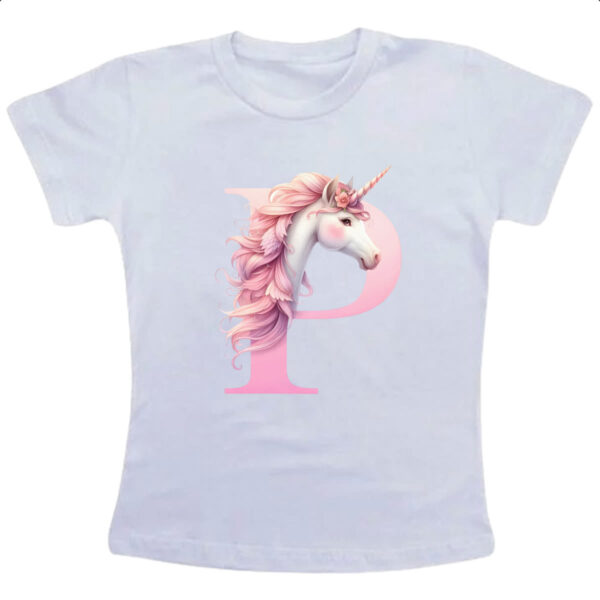 Camiseta Infanto Juvenil Unicornio Alfabeto Letra P