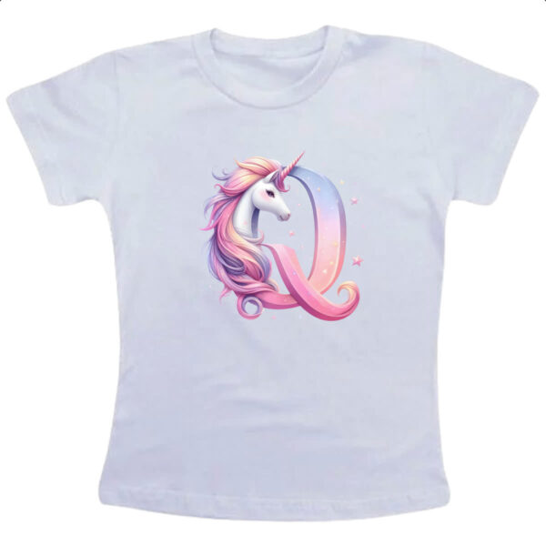 Camiseta Infanto Juvenil Unicornio Alfabeto Letra Q