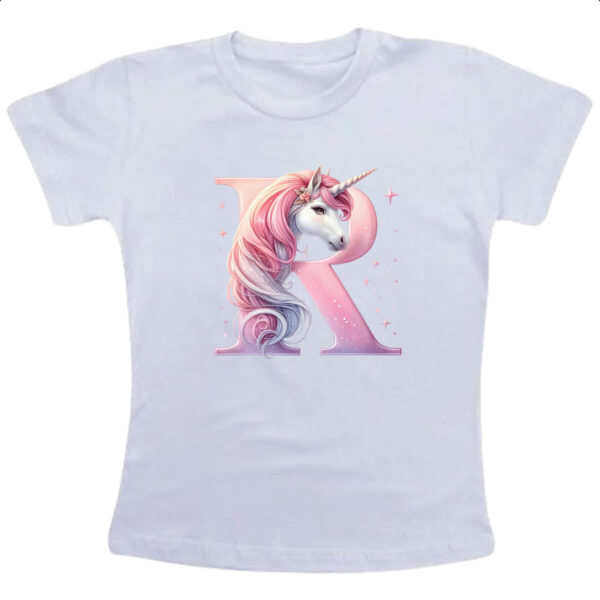 Camiseta Infanto Juvenil Unicornio Alfabeto Letra R