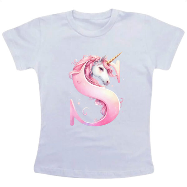 Camiseta Infanto Juvenil Unicornio Alfabeto Letra S