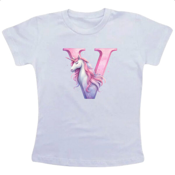 Camiseta Infanto Juvenil Unicornio Alfabeto Letra V