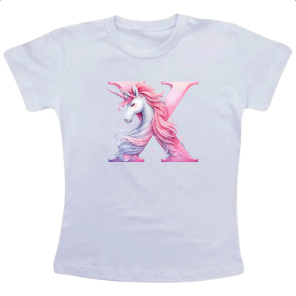 Camiseta Infanto Juvenil Unicornio Alfabeto Letra X