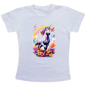 Camiseta Infanto Juvenil Unicornio correndo ao arco-iris
