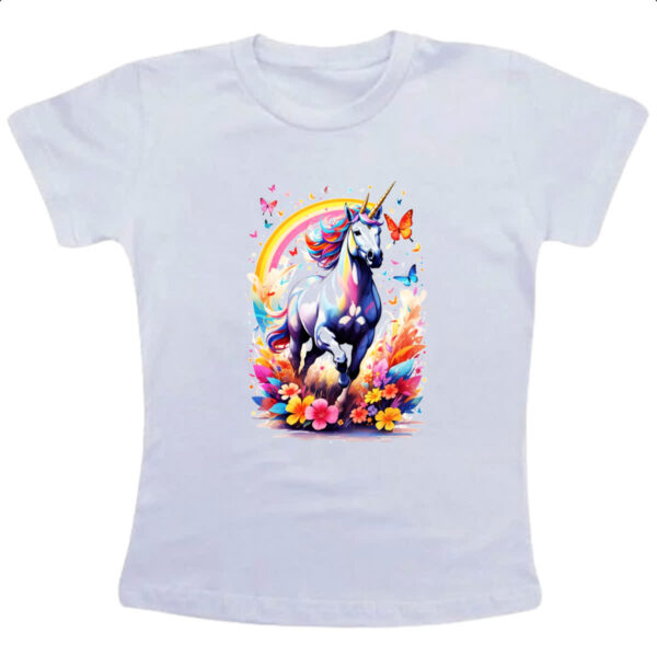 Camiseta Infanto Juvenil Unicornio correndo ao arco-iris