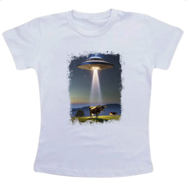 Camiseta Infanto Juvenil OVNI capturando uma vaca