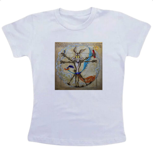 Camiseta Infanto Juvenil Papa Leguas e Coyote Vitruviano Da Vinci