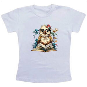Camiseta Infanto Juvenil Coruja sobre o livro do conhecimento
