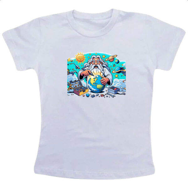 Camiseta Infanto Juvenil Deus criando o mundo cartoon