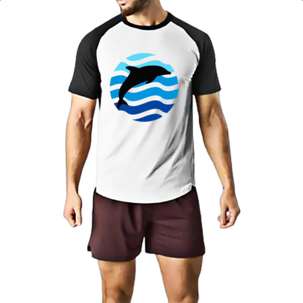 Camiseta Raglan Animais marinhos Golfinho silhueta sunset - Imagem 2
