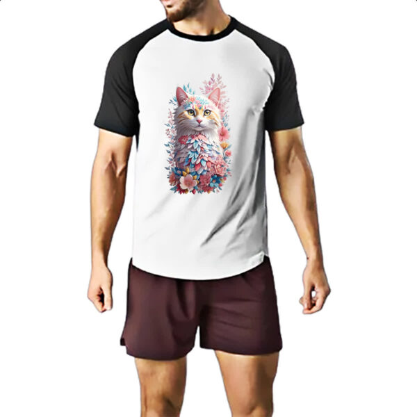 Camiseta Raglan Gato branco com flores - Imagem 2