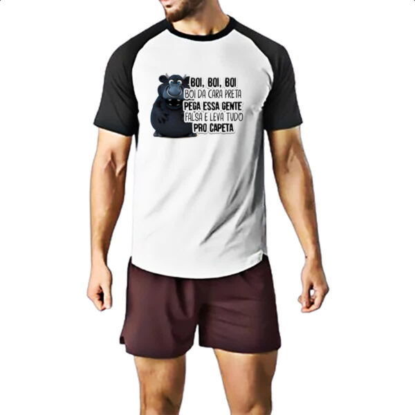Camiseta Raglan Ironico Boi da cara preta pega gente falsa - Imagem 2