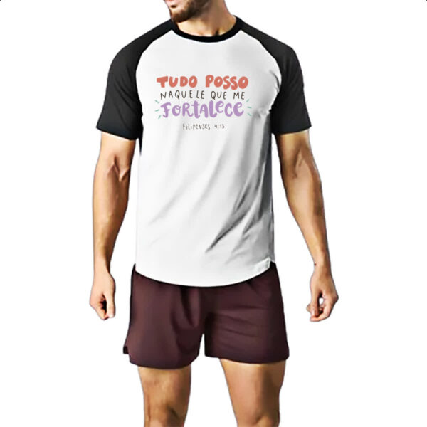 Camiseta Raglan Religioso Tudo posso me fortalece - Imagem 2