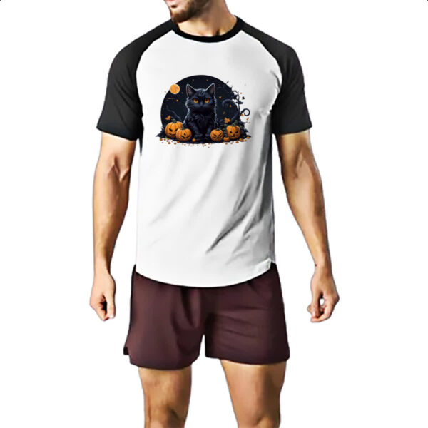 Camiseta Raglan Halloween Gato Preto Aboboras - Imagem 2