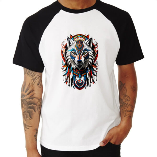 Camiseta Raglan Espirito lobo tribal americano - Imagem 3